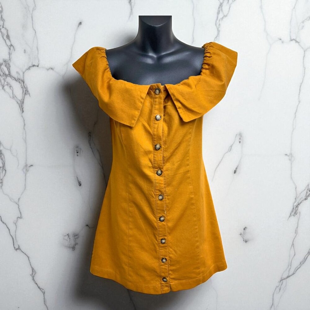 Express x Rocky Barnes Off Shoulder Ruffle‎ Button Front Mini Dress